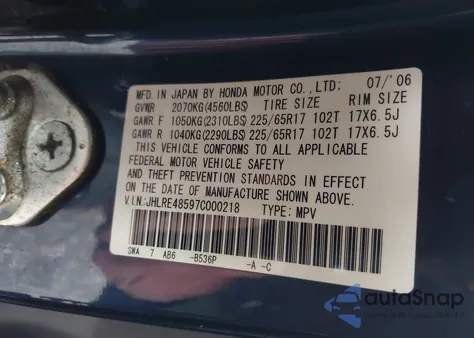 2007 Honda Cr-V Ex from USA, damaged, VIN JHLRE48597C000218